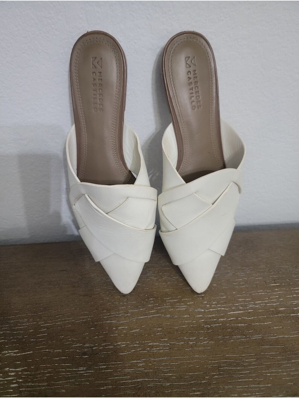 MERCEDES CASTILLO White Leather Pointed Toe Mules Shoes 37.5